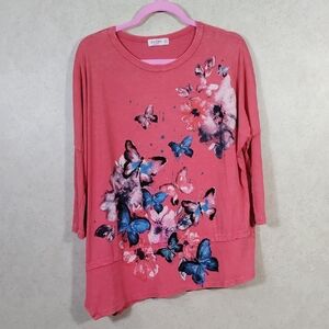 01577 Jess & Jane rusty red butterflies & flowers 3/4 sleeve knit top XL